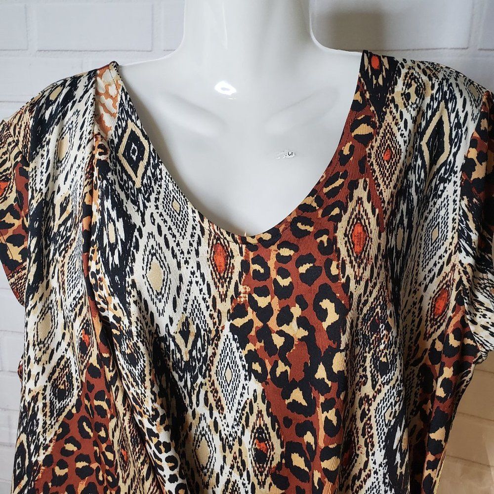 Cool Animal Print V Neck Summer Top womens XL Cap Sleeve Stretch Blouse